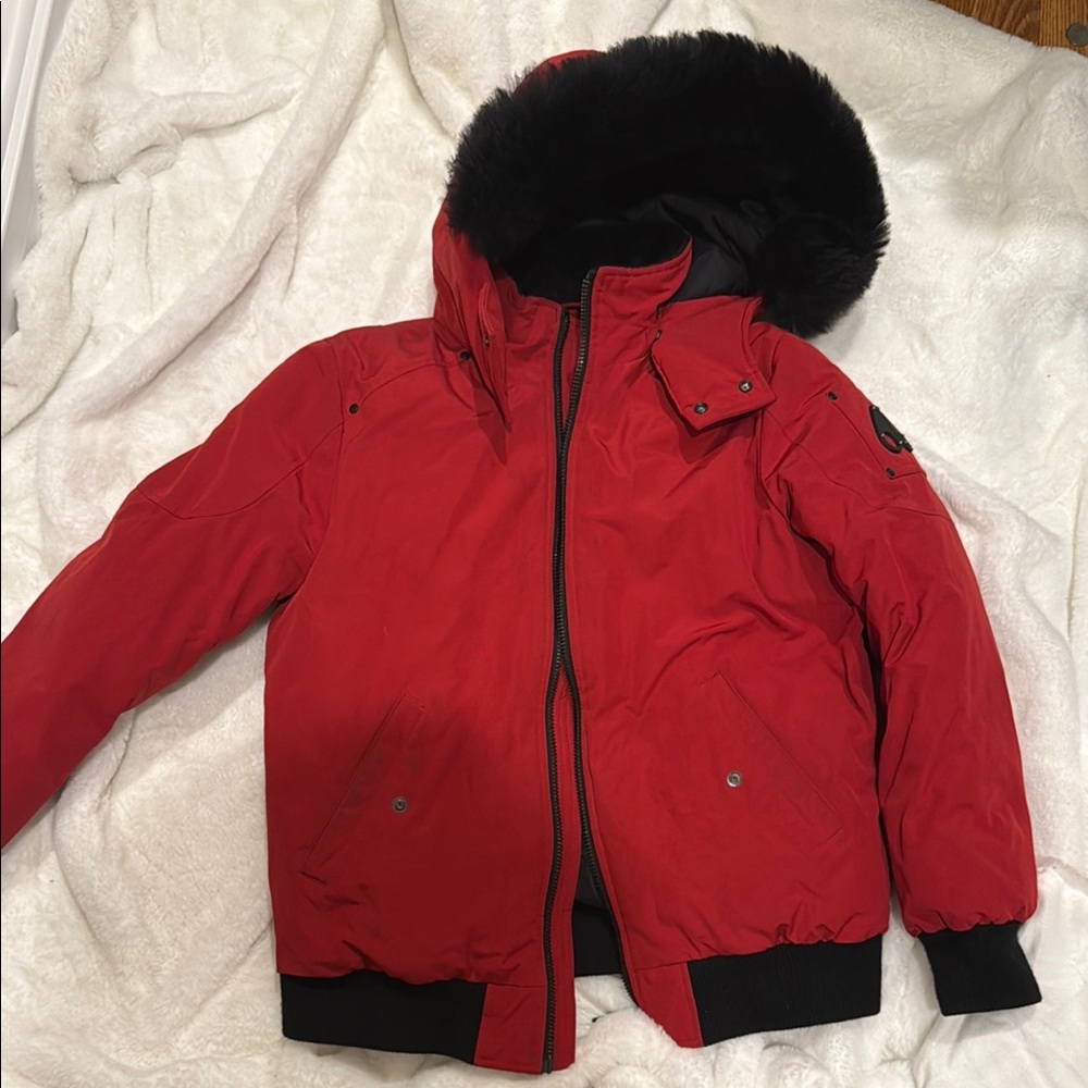 Red Hooded Jacket with Black Fur Trim MOOSE KNUCKLES KIDS